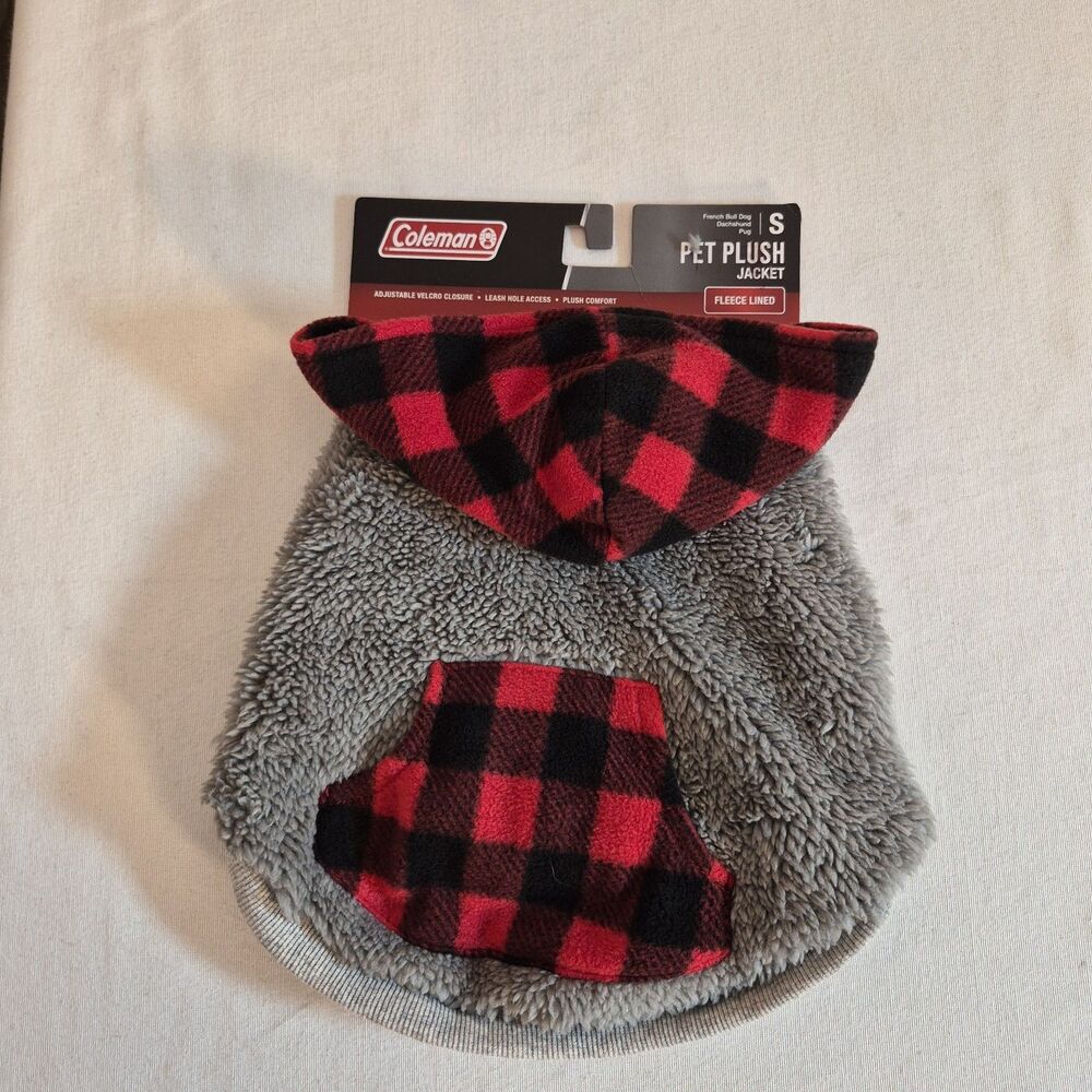Coleman Pet Plush Jacket Size S Fleece Lined Red Buffalo Check Gray
